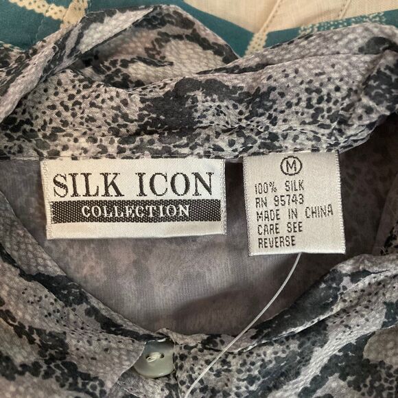 NWT‎ Silk Icon Shirt Womens Sz M Gray Snake Print Button Up Short Sleeve - Picture 5 of 12